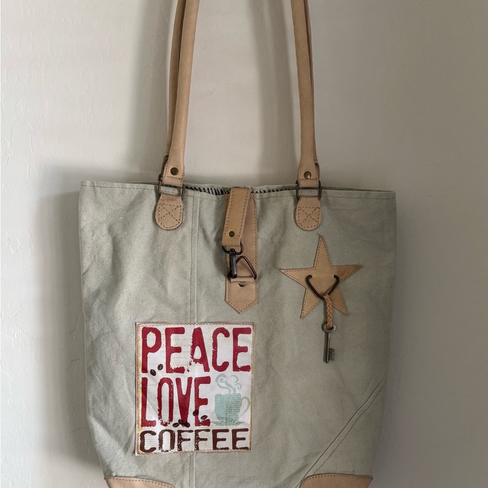 Vintage Addiction Canvas Tote Bag with Peace Love Coffee Design